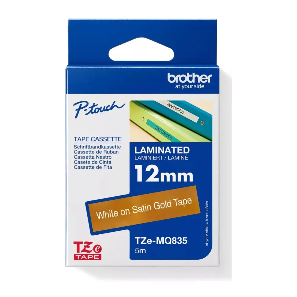 Brother Cinta Laminada TZE-MQ835 Blanco Sobre Dorado