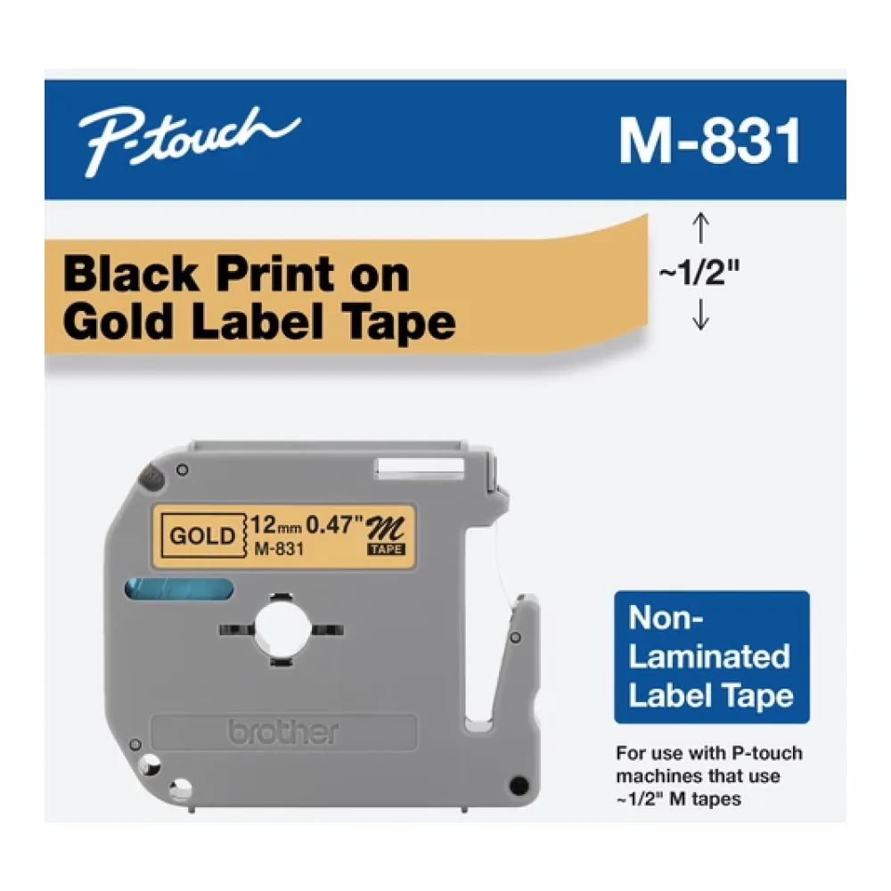 Brother M831 Cinta No Laminada Negra Sobre Dorada de 12 Mm para P-touch de 8 M