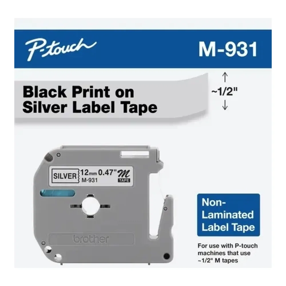 Brother M931 Cinta No Laminada Negra Sobre Plata de 12MM para P-touch de 8M