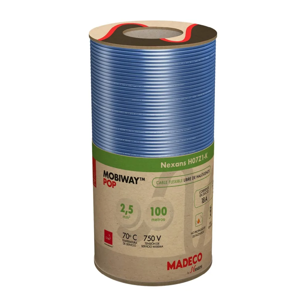 Cable Libre de Halógenos 2,5 Mm Azul 750V Rollo 100 Mt 135227101 Nexans