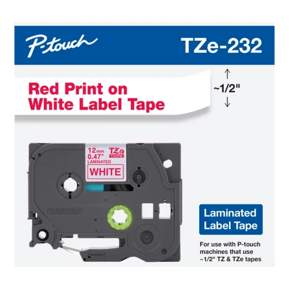 Cinta Brother TZE232 Rojo Sobre Blanco 12MM X 8MTS