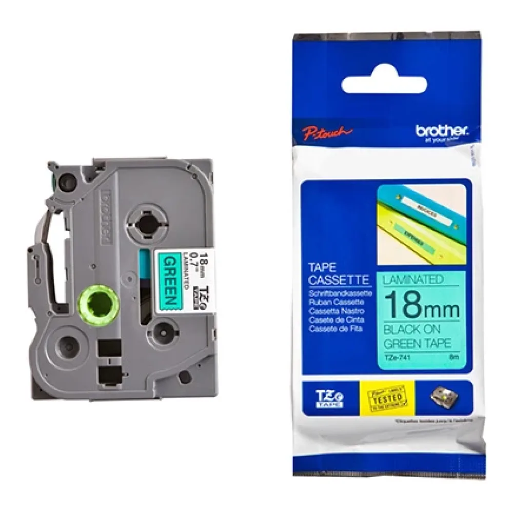 Cinta Brother TZE741 Negro Sobre Verde 18MM X 8MTS