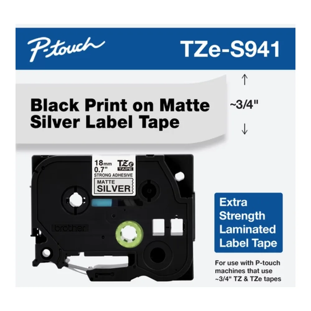 Cinta Brother TZES941 Industrial Negro Sobre Plateado 18MM