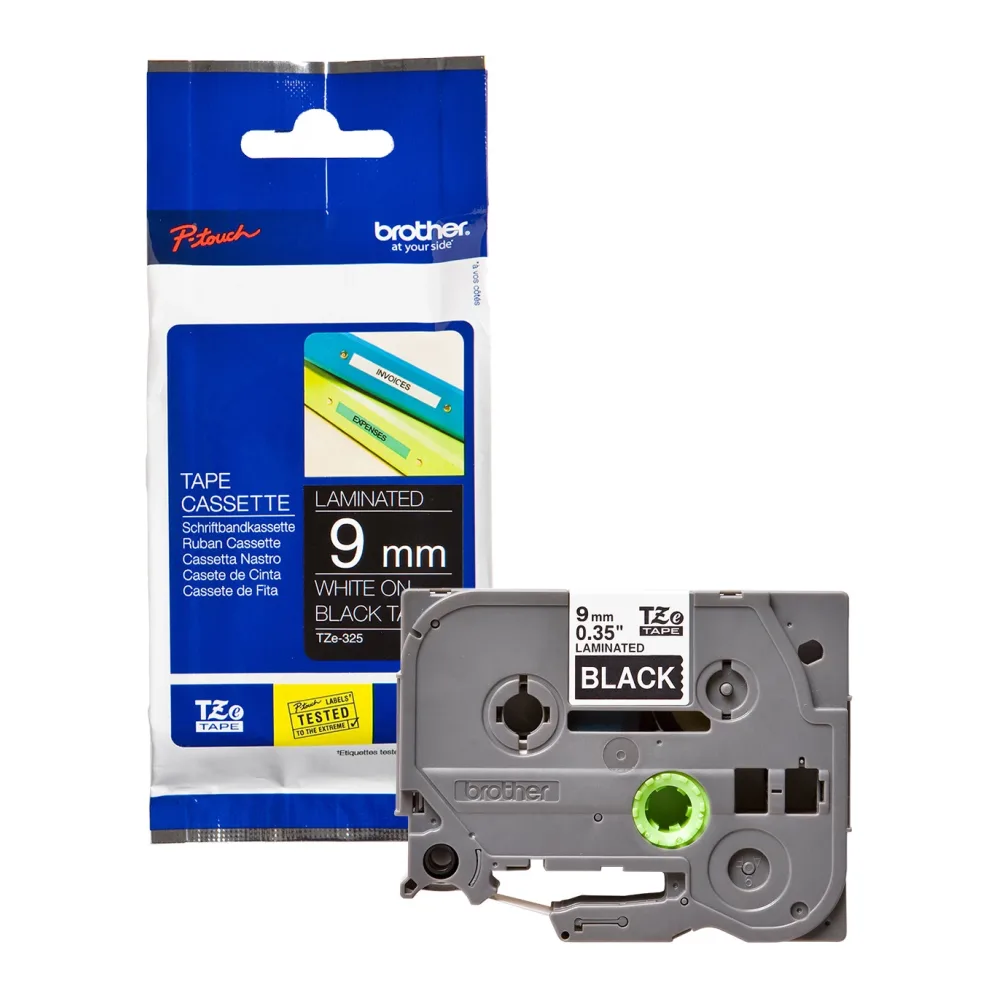 Cinta Marca Brother TZE-325 9MMX8M Negra-texto Blanco