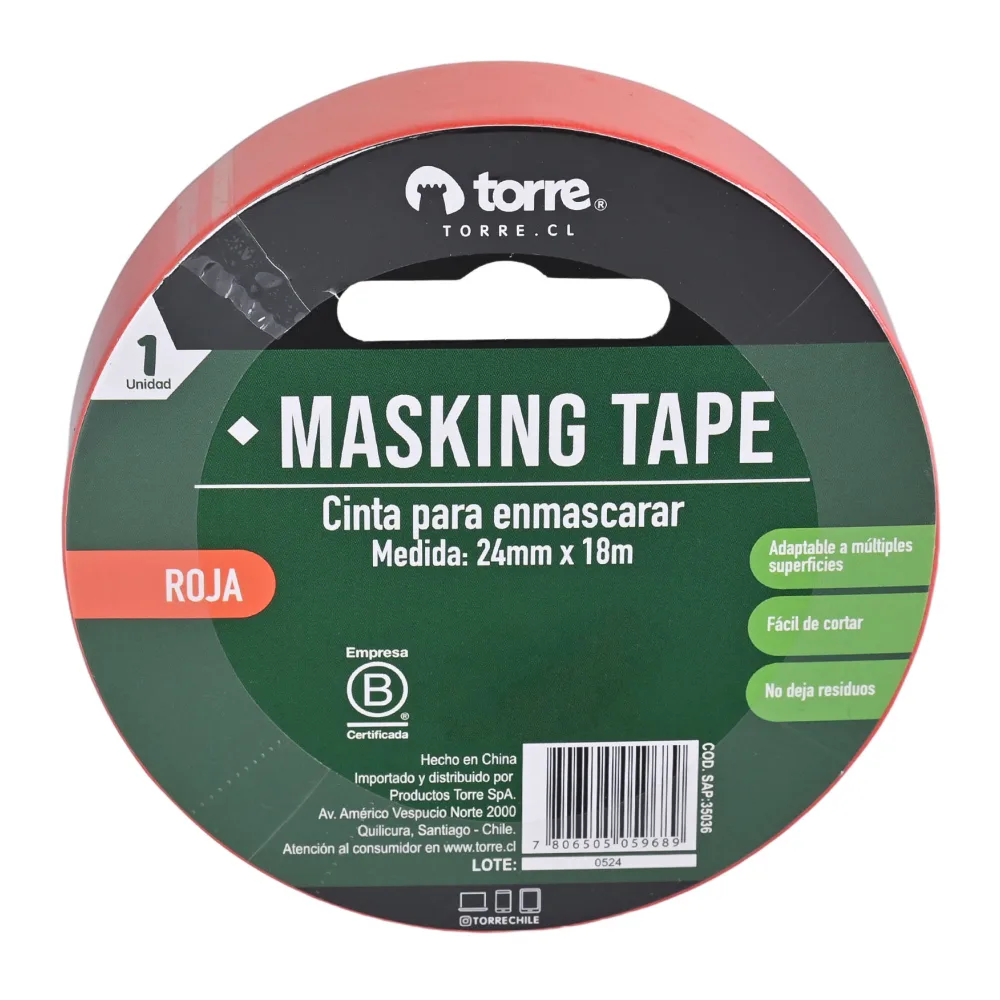 Cinta Masking Color Roja 24MM X 18MT