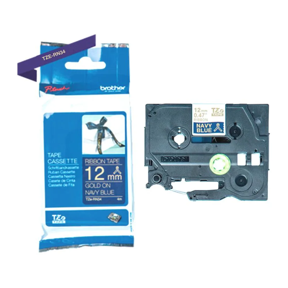 Cinta Satinada de Tela Azul-texto Dorado TZE-RN34 12MM / 4M (ancho / Largo) Brother