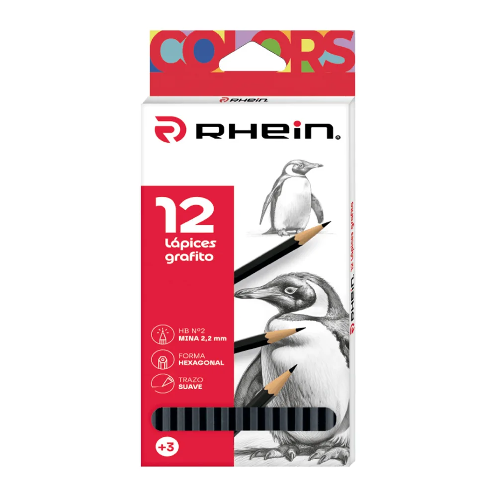 Lapiz Grafito N2 Hb sin Goma Hexagonal Mina Extra Resistente 12 Unidades Rhein