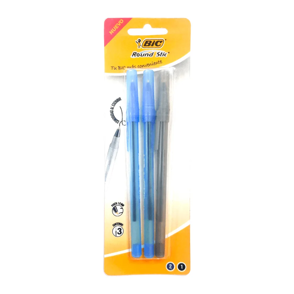 Lapiz Pasta Round Stic Punta Media Blister 2 Azul 1 Negro Bic