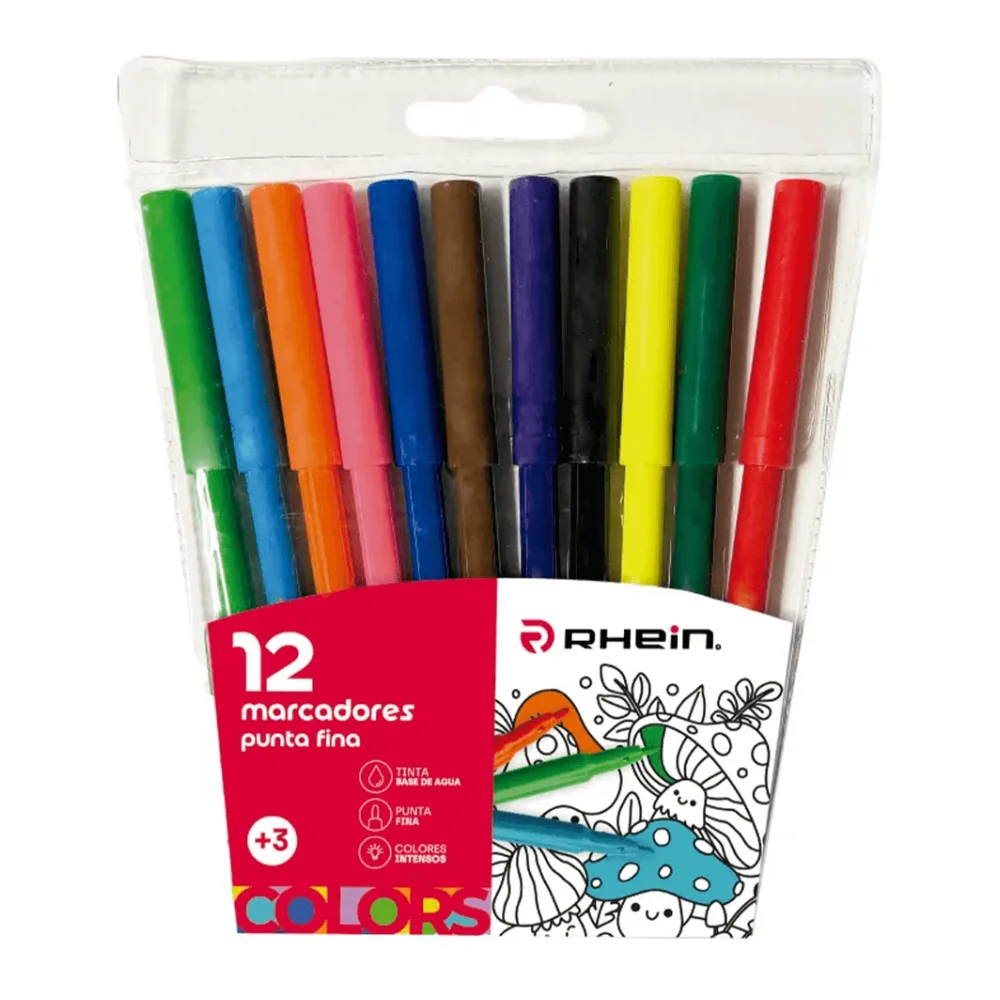 Plumon Escolar Punta Fina 12 Colores Rhein