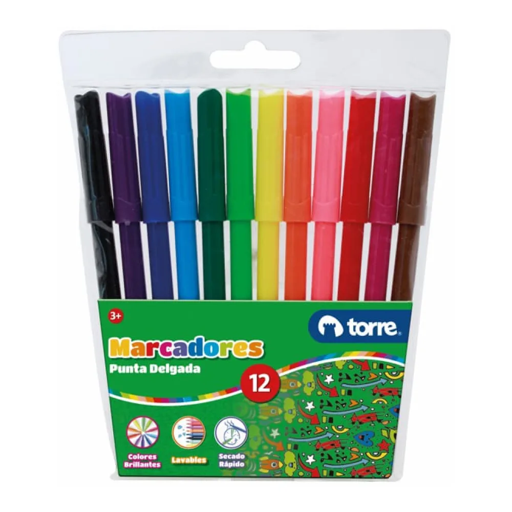Plumon Escolar Punta Fina 12 Colores Torre