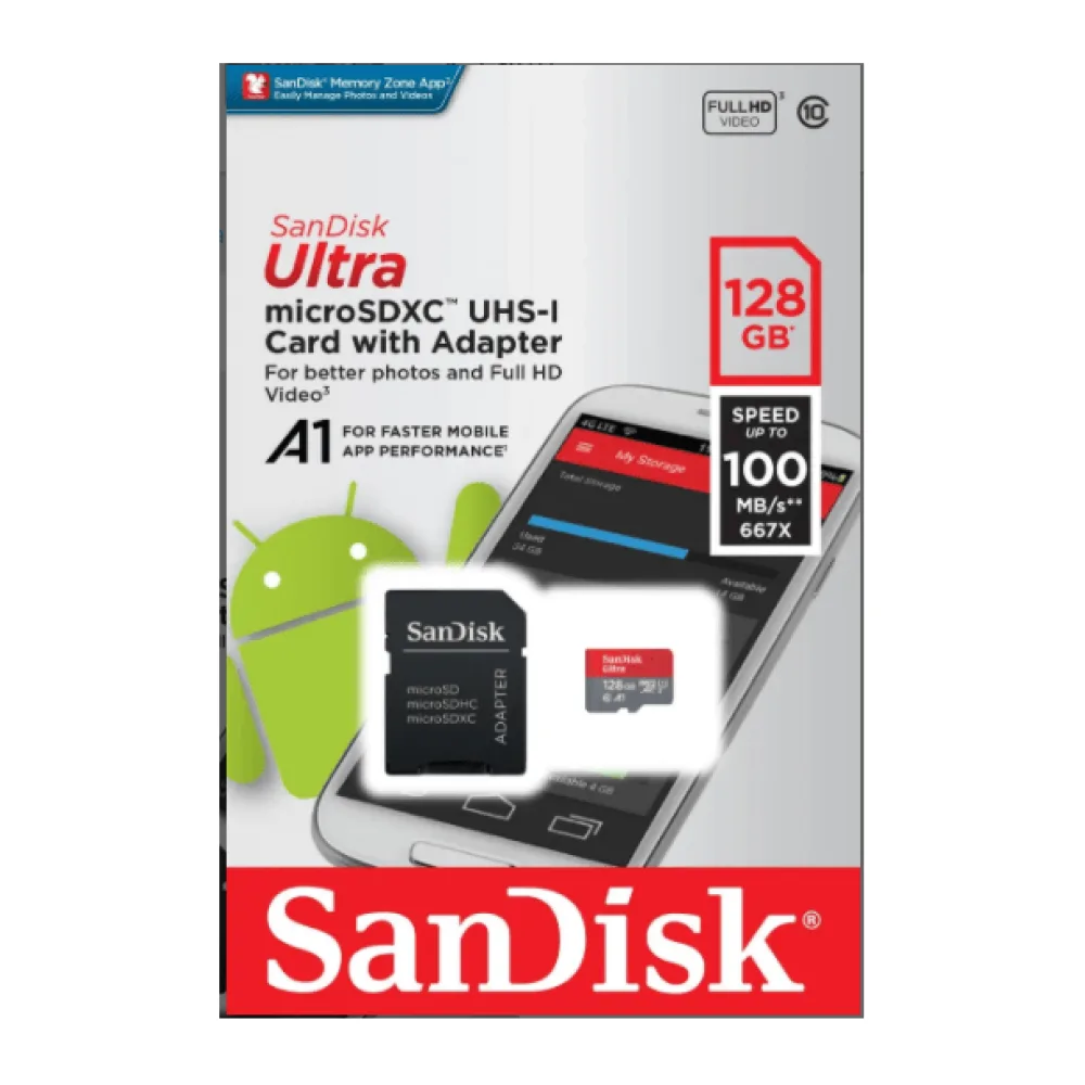 Sandisk Tarjeta Micro Sdxc 128GB Clase 10 con Adaptador Sd SDSQUNR-128G-GN6TA