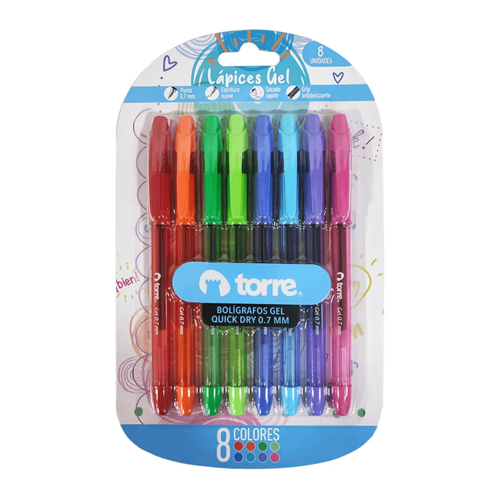 Set 8 Lapices Pasta Gel Quick Dry 0,7 Mm Color Fun Torre