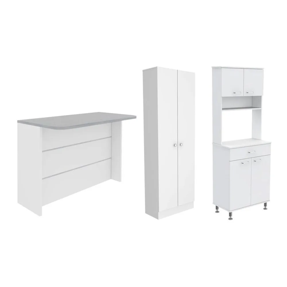 Set Mueble Microondas + Isla de Cocina + Estante Blanco Tuhome