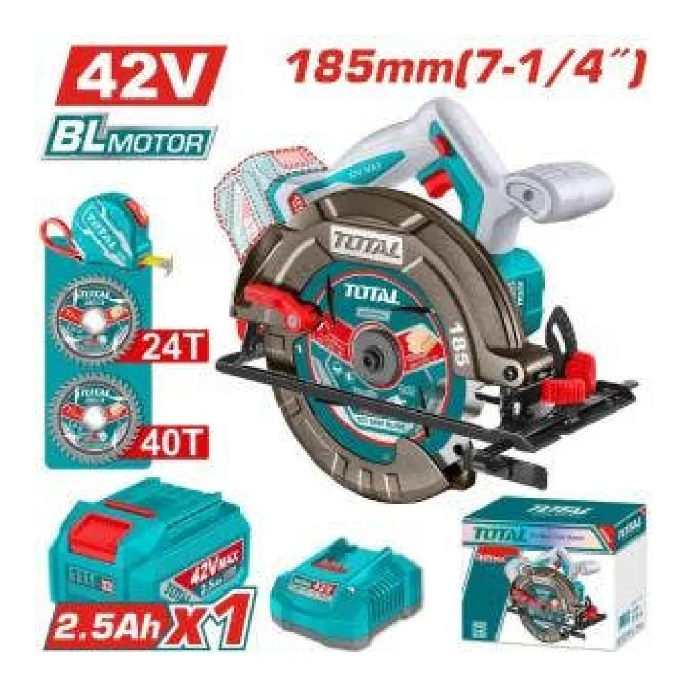 Sierra Circular Total 42V 7 1/4" + 1 Batería 2.5AH + Cargador + Accesorios TSLI42185